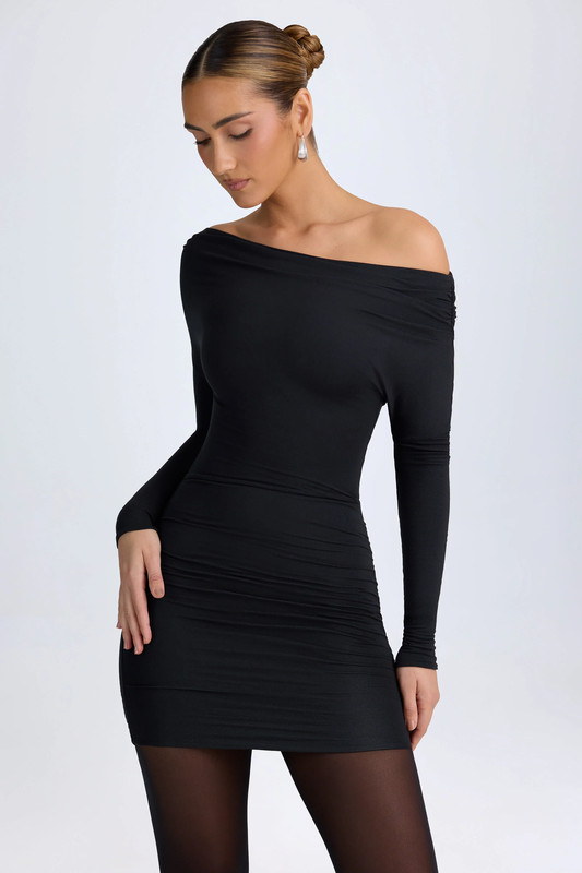Modal Off-Shoulder Ruched Mini Dress in Black - Size:L